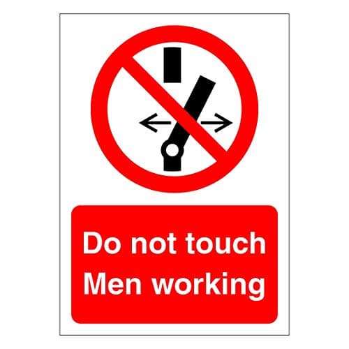 Image of Do not touch men working prohibition safety sign - Self adhesive vinyl sticker 100mm x 140mm - Warns that an activity is not permitted (1)