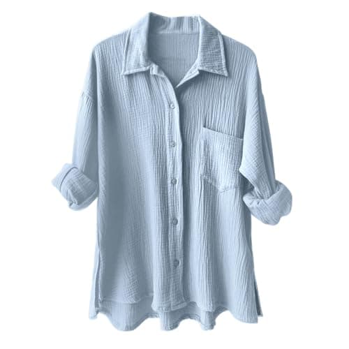Image of Women's Blouses & Shirts Cotton Oversized Shirts Long Sleeve Roll-up Loose Fit Casual Shirt with Pockets Solid Color Buttoned Muslin Blouse Plain Women's Blouse Suit Linen Clothing for (Sky Blue, XL)