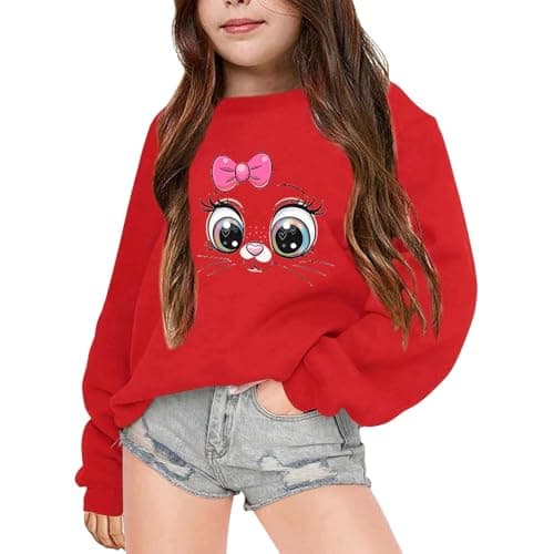 Image of Kids Sweatshirt Girls Crewneck 3-14 Years Cartoon Cute Cat Graphic Girls Tops Pullover Childrens Long Sleeve Winter Fashion Casual Athletic School Teenager T-shirt Sweater (X-Red, 11-12 Years)