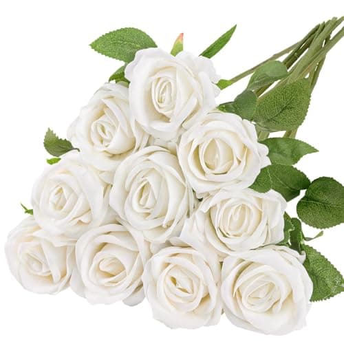 Image of N&T NIETING 10pcs Artificial Roses Silk Fake Flowers, Realistic Single Long Stem Faux Roses White Rose Bridal Bouqets for Wedding Birthday Party Arrangment Home Decor