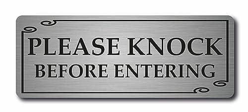 Image of Please knock Before Entering Metal Sign 20cmx 7.5cm (Brushed Silver)