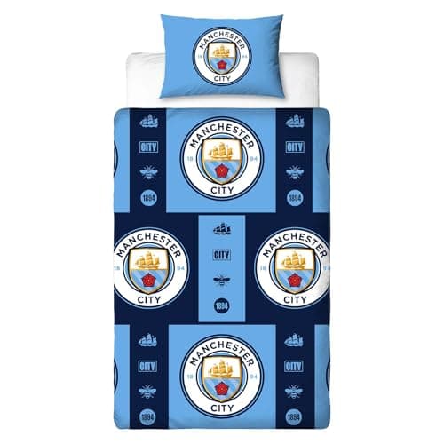 Image of Character World Manchester City FC Single Duvet Cover Set – Official Reversible Bedding – Polycotton Man City Crest Emblem Design – Perfect for Cityzens