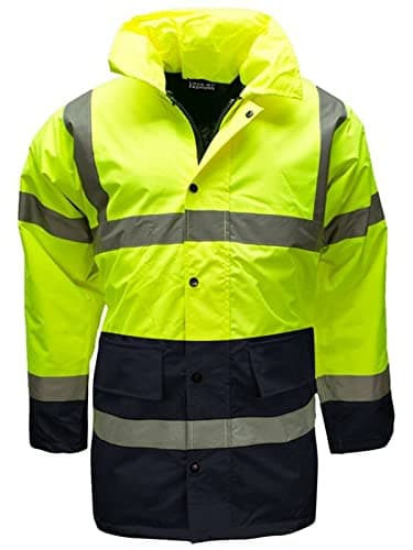 Image of New Hi Vis Parka Jackets High Visibility Safety Security Workwear Waterproof Storm Padded Jackets Hi Viz Reflective Protective Hooded Long Rain Coats (UK, Alpha, S, Regular, Regular, Yellow/Navy)