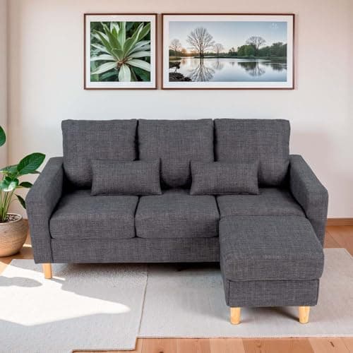 Image of Hroth Sofa 3 Seater Living Room,3 Seater Sofa with Ottoman and 2 Throw Pillow，Small Corner Sofa with Storage，Comfortable and Soft Dark Grey Sofa with L-shaped