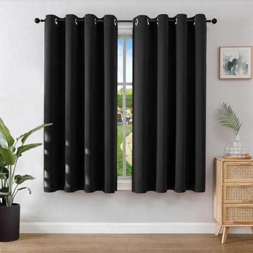 Image of Joydeco Blackout Curtains for Bedroom 46 x 54 Inch, Eyelet Thermal Insulated Energy-saving Drapes for Room Darkening Light Filtering, Short Window Treatments 54 Inch Drop, 2 Panels - Black