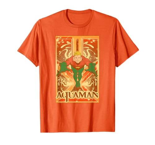 Image of DC Comics Aquaman Poster T-Shirt, Unisex Adult & Kids, Orange, S, Short Sleeve, Cotton Blend, Mandarin Collar, Classic Fit
