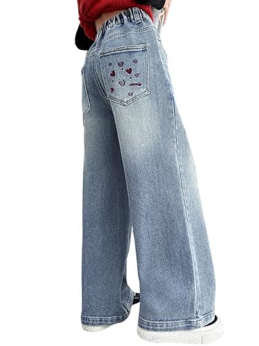 Image of Rolanko Girls Baggy Jeans, High Elasticated Waist Wide Leg Loose Bootcut Denim Jeans Pants for Teens 6-15 Years, Solid Denim, 11-12 Years,160