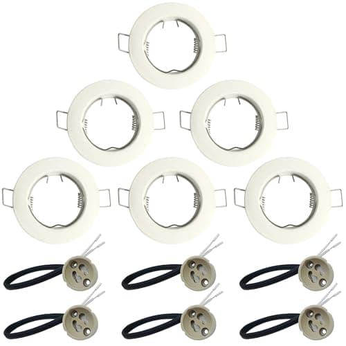 Image of KingYH 6 Pack Round Recessed Spotlights Aluminum Downlight Bezel Trim Ring Fitting GU10 Light Mounting Frame with GU10 Lamp Holder for Ceiling Spotlight MR16 and 50mm Bulb Halogen Light Fitting White