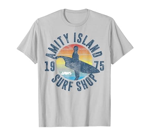 Image of Jaws Amity Island Surf Shop 1975 Retro Logo T-Shirt, Men, Silver Grey, Large