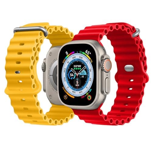 Image of NUKELOLO Waterproof Ocean Silicone Strap for Apple Watch Ultra 3/2/1 49/46/45/44/42mm, Sport Band for Series 11 10 9 8 7 6 5 4 SE 3 2 1, Comfortable Fit for Swimming & Daily Wear, Yellow/Red