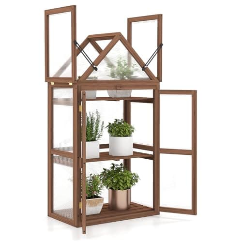 Image of GiantexUK Wooden Greenhouse, Garden Cold Frame with Flip-Top Roof, Lockable Doors and Removable Shelves, Outdoor Vegetable Flower Plant Growhouse for Patio Balcony