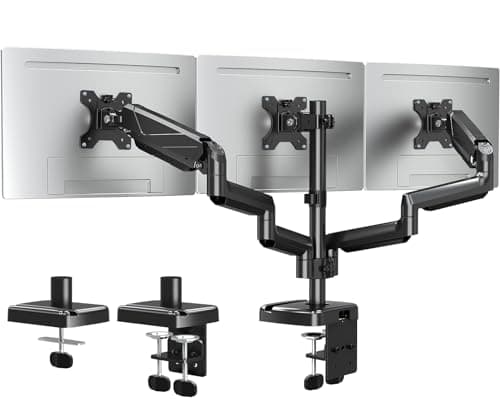 Image of ELIVED Triple Monitor Arms - Adjustable Gas Powered Desk Mount for 3 Monitors - 13-27 Inch, VESA 75x75/100x100, C-Clamp and Grommet Base