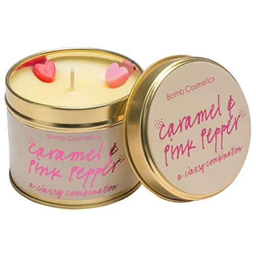 Image of Bomb Cosmetics Caramel & Pink Pepper Scented Tin Candle; Contains Pure Black Pepper & Sandalwood Essential Oils; Vegan Friendly; 30-35 Hour Burn