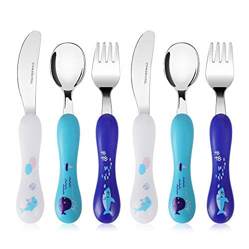 Image of Lehoo Castle Childrens Cutlery, 6 Pcs Toddler Cutlery Set Stainless Steel, Includes 2 x Childrens Forks/Knives/Spoons, Kids Knife and Fork Sets (Ocean Animals)