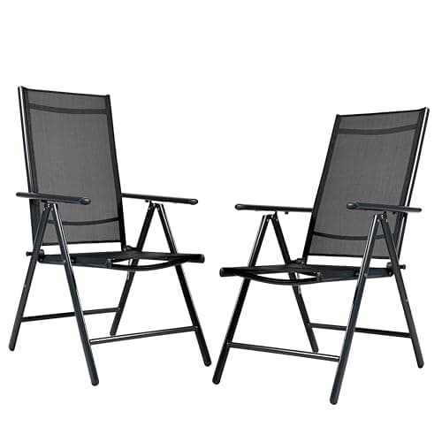 Image of BPIL Folding Aluminium Garden 7-Position Recliner, XL Lightweight Outdoor Patio Dining Chairs with Armrests, Grey, black Textilene, Adjustable High Backrest for Camping or Relaxing (2 PCS)