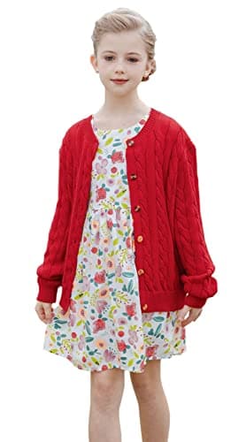 Image of SMILING PINKER Little Girls Boys Aran Cardigan Toddler Cable Knitted Crew Neck Button Up Chunky Sweater Jacket(Red,4-5Years)