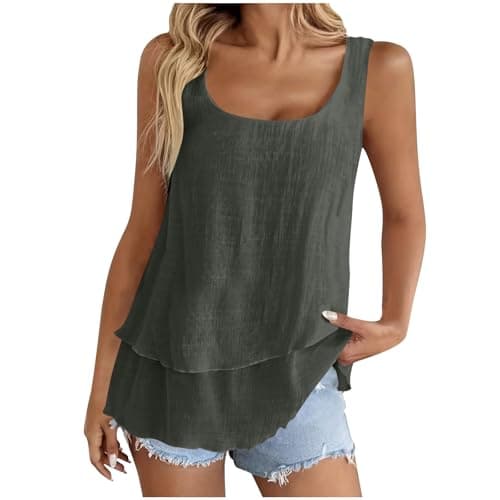 Image of Linen Tank Tops for Women UK Double Layer Ruffle Sleeveless Gauze Shirt Ladies Cotton Linen Vest Top Summer Flowy Baggy Tank Blouse Elegant Plain Swing Vests Lightweight Breathable Casual Loose Tees