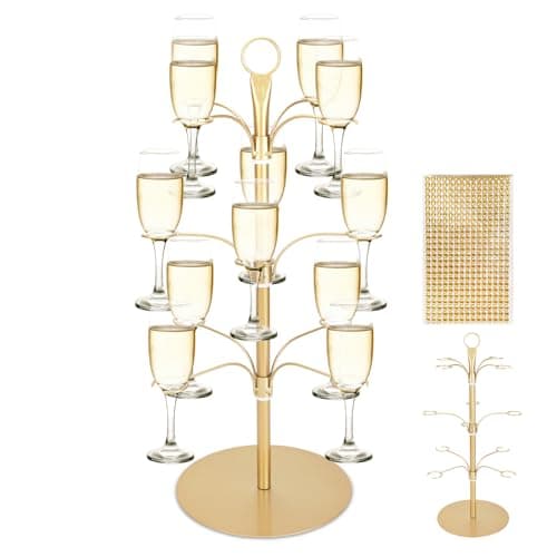 Image of Topsky Cocktail Tree Stand for Drinks, 3 Tier 12 Holders Champagne Tower Wine Glasses Holder, Metal Drink Display Tree for Party Bar Home – Ideal for Champagne, Cocktails, Gin, Martini – Gold