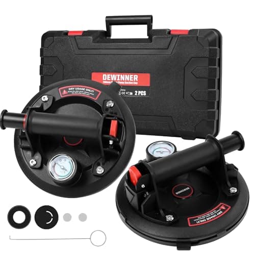 Image of DEWINNER 2 pcs 8'' Vacuum Suction Cup with Pressure Gauge, Heavy Duty Vacuum Suction Cup with Handle Lifter, Glass Suction Lifter for Granite, Tile, Glass Lifting, Black