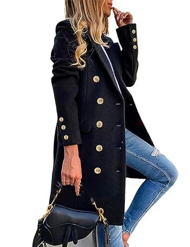 Image of IDEALSANXUN Womens Fall Winter Wool Coats Double Breasted Midi Peacoat Trench Coats, Black 01, L