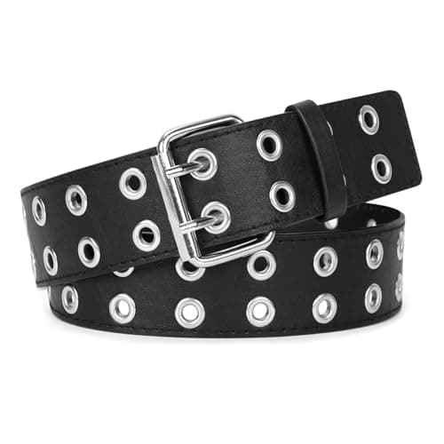 Image of JASGOOD Double Grommet Belt PU Leather Belt for Women/Men Halloween Punk Jeans 2 Hole Belt Wide 1.5 Inch Black Fit fo Waist Size 34 Inch