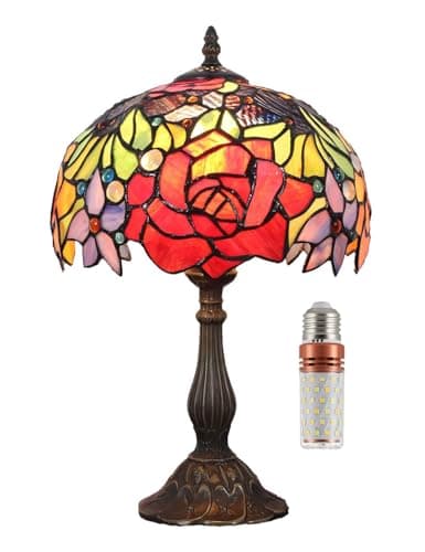 Image of Rose Pastoral Retro Antique Tiffany Style Table Lamp Bedside Lamp Stained Glass Crystal Bead Lampshade Antique Lighting Living Room Bedroom Table Lamps Children's Lamp(Size:10 inch,Color:red)