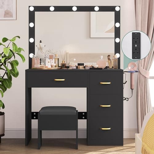 Image of YITAHOME Dressing Table with LED Lights, Vanity Table with Adjustable Brightness Mirror, Makeup Desk with 4 Drawers and Power Outlet, Wooden Modern Bedroom Dresser, 90x40x136cm, Black