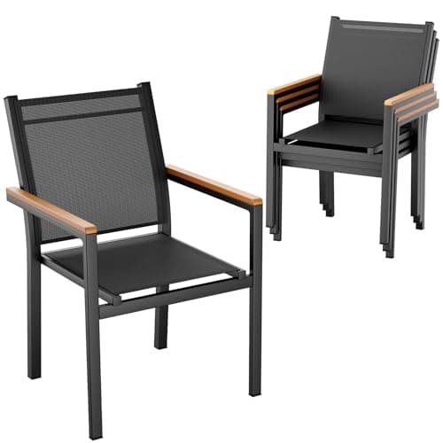 Image of LIFERUN Garden Chairs Set of 4, Stackable Aluminium Outdoor Dining Chairs, Textilene Patio Bistro Chair with WPC Armrests for Garden Backyard Terrace Poolside