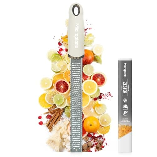 Image of Microplane Zester Grater in Cashmere Beige for Citrus Fruits, Hard Cheese, Ginger, Chocolate and Nutmeg with Fine Stainless Steel Blade - Made in USA