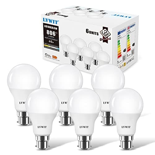 Image of LVWIT Bayonet Light Bulb, A60 Bayonet LED Light Bulb,60W Equivalent,8W 806Lm B22 LED Bulb, 4000K Neutral White GLS Bulb,Energy Saving Light Bulbs,Not-dimmable,Pack of 6