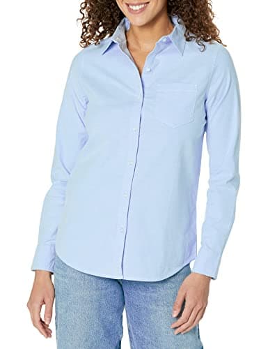 Image of Amazon Essentials Women's Regular Fit Long Sleeve Button Down Stretch Oxford Shirt (Available in Plus Size), Blue, M