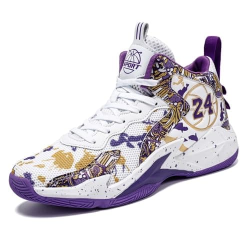 Image of Women’s Basketball Shoes Men’s Mid-top Hoops Shoes Youth Basketball Sneakers with Cushioning Casual Performance Trainer Breathable Lightweight Boys & Girls Walking Shoes (White/Purple,8)