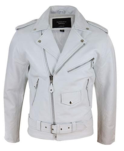 Image of TruClothing Mens Real Leather Biker Jacket Cross Zip Brando White Hide Grease Classic - White XL