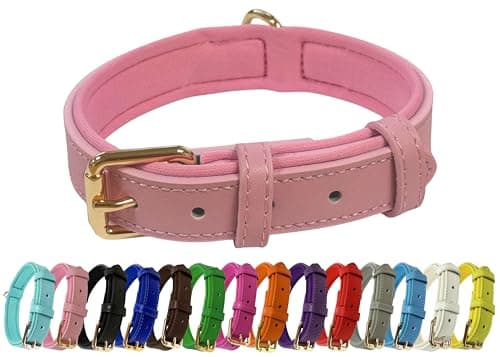 Image of Vibrant Genuine Leather Adjustable Dog Collar with Soft Neoprene Padding, Metal Buckle and D-Ring, For Small, Medium & Large Dogs (Baby Pink, Medium (28-36cm Neck))