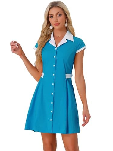 Image of Allegra K Women's Vintage Button Down Shirt Dress Notch Lapel Short Sleeve Belted Office Mini Short Dresses, Blue, L