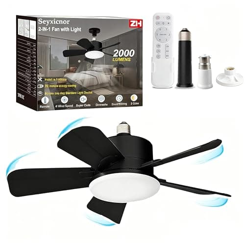 Image of Socket Ceiling Fans with Lights and Remote, Fits E27/B22 Socket Fan light 2000LM Dim,Ceiling Fan with 900PRM, with 2 Extension Rods & Mounting Base, Quiet Light Bulb Fan for Bedroom, Kitchen,Bathroom