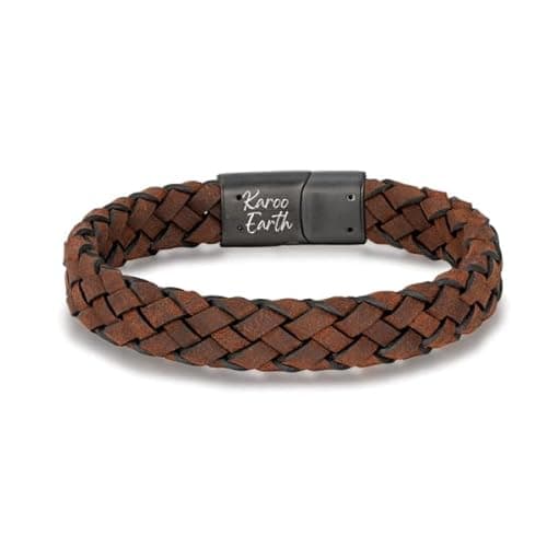 Image of KAROO EARTH JEWELLERY Premium Braided Italian Leather Bracelet for Men – Genuine Leather & Brushed Stainless Steel Magnetic Clasp – Adjustable Length (21cm - 23cm) (Brown - Matt Black Clasp)