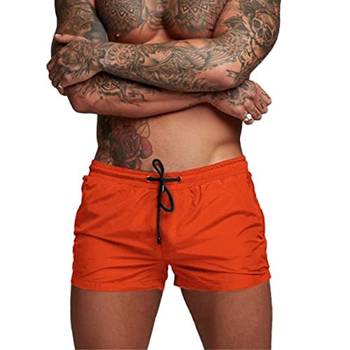 Image of Donason Men's Swim Trunks Quick Dry Swimming Running Shorts Mens Beach Board Shorts Breathable Gym Sports Shorts with Mesh Lining and Zipper Pockets Orange