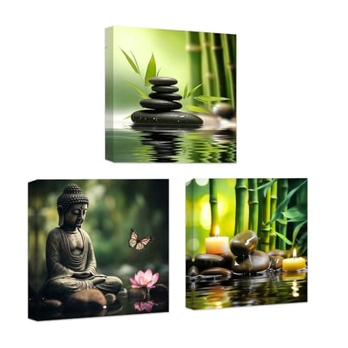 Image of CCWACPP Zen Canvas Wall Art 3 Piece Bamboo Spa Pictures Zen Stones Candles Painting Buddha Print Bathroom Beauty Treatment Meditation Room Decor Framed (30x30cmx3)