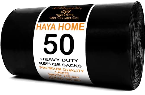 Image of Haya Home 50 Black Plastic Bin Bags Heavy Duty Bin Liners, Refuse Sacks Pack of 50 X 1 Heavy Duty Waste Dustbin Bags roll 90L for Kitchen Home Office DIY Garden Made from 100% Recycled Material
