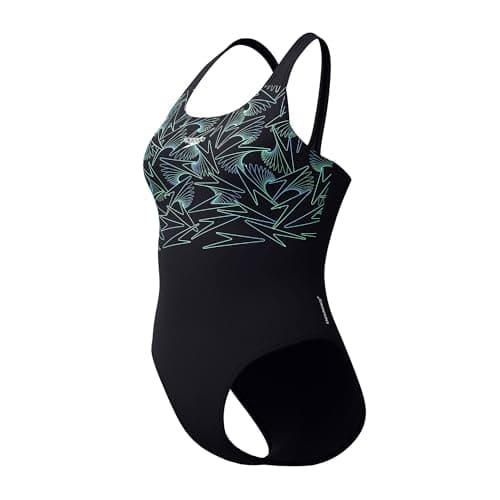 Image of Speedo Women's Hyperboom Placement Muscleback Swimsuit | Quick Drying | Training | Fitness | Chlorine Resistant Swimwear, Black/Alfalfa Green, 32