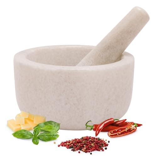 Image of H&S Alliance Mortar and Pestle Set - Premium Stone Pestle and Mortar Grinder - Spice Herb Small Grinder for Kitchen - Pesto Guacamole Maker - 18cm (7.1") Diameter - White Marble