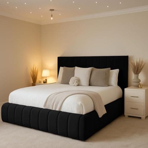 Image of 5FT King Ottoman Storage Solid Divan Base Bed With Headboard Upholstered In Plush Velvet Black Bed End Lift - No Mattress (Black, 5FT King With Storage - No Mattress)