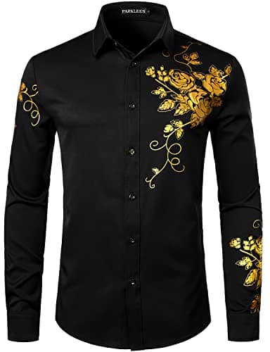 Image of PARKLEES Men's Hipster Rose Floral Print Design Slim Fit Long Sleeve Button Up Party Dress Shirt Black Gold XL