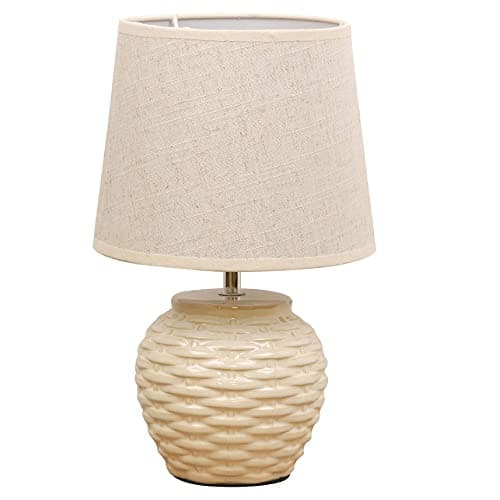 Image of Britalia Cream Ceramic Vintage Basket Weave Table Desk Lamp with Beige Linen Tapered Drum Lampshade | 33cm Height | ES E27 Lamp Bulb Required | UK Approved