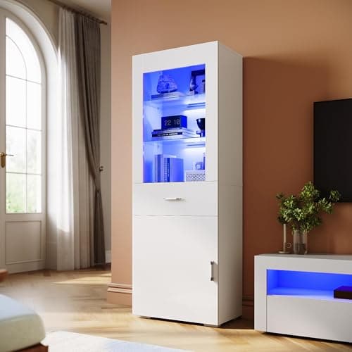 Image of ELEGANT White Gloss Sideboards Cupboard Tall Display Cabinet Unit with LED Lights, Drawer & Shelves Bookcase Furniture for Living Room Bedroom, H165xW60xD35cm