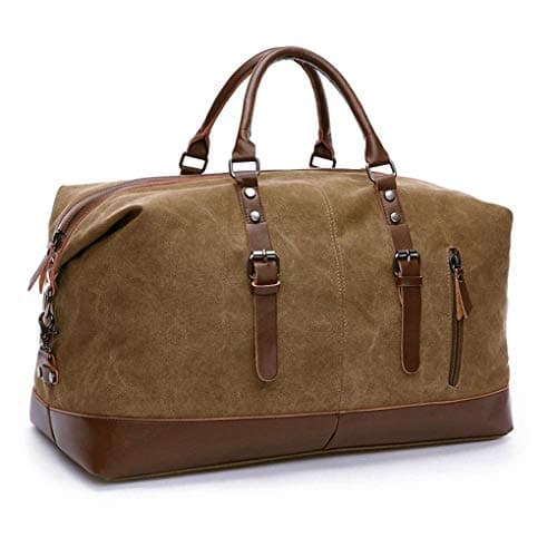 Image of TILEMALL Oversized Canvas Holdall Travel Carry On Duffel Bags Plus Handbag Shoulder Bag Crossbody Overnight Weekend Bag Unisex Travel Holdall Handbag with PU Leather Handle (Coffee)