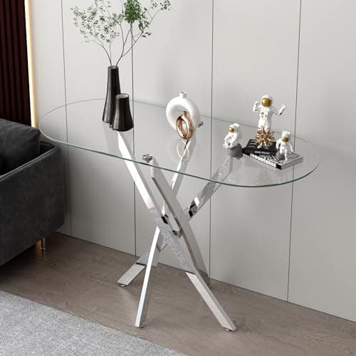 Image of GOLDFAN Glass Console Table Modern Contemporary Style Hallway Table with Chrome Tubular Legs Foyer Table for Entryway, Living Room, Office, Rectangle with rounded ends