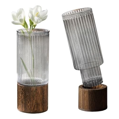 Image of Glass Vase Cylindrical Smoked Grey Flower Vase with Wooden Base Plant Vases for Pampas Grass Dried Flowers, Boho Rustic Style Vases for Wedding Home Decor Table Centerpieces 10Inch/25Cm Tall (Ribbed)