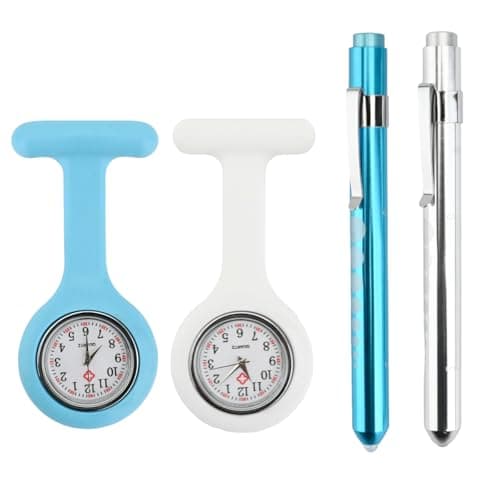 Image of Embhlitfe 4Pcs Nurse Pen Torch and FOB Watch Set, Penlight Flashlight with Pupil Gauge & Silicone Fob Watch with Easy to Read Dial for Health Care Nurses, Doctors, Paramedics (Blue&White)